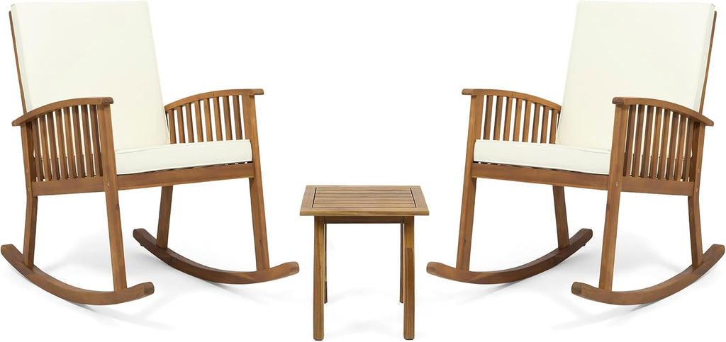 Acacia Wood Rocking Chair Set with Side Table, Outdoor Patio Rocker Chairs with Cushions for Garden, Porch & Balcony
