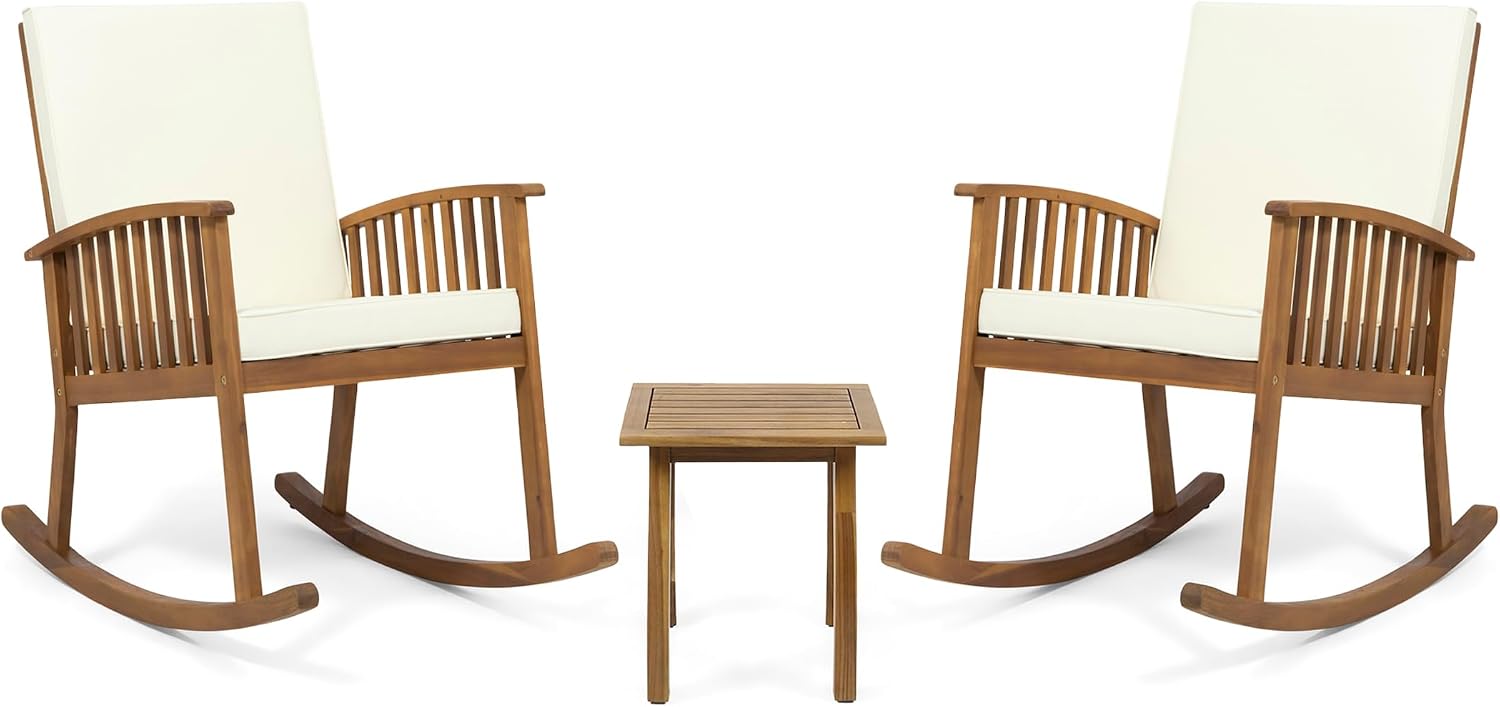 Acacia Wood Rocking Chair Set with Side Table, Outdoor Patio Rocker Chairs with Cushions for Garden, Porch & Balcony