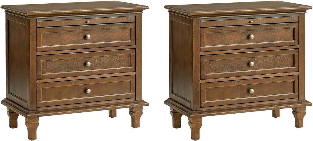 Farmhouse End Table with Charging Station & 3 Drawers, Wooden Nightstand with Slide-Out Tray for Bedroom & Living Room