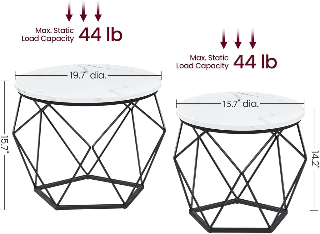 Round Nesting Coffee Table Set, Modern Marble Top Side Tables with Steel Frame, Small Space Living Room End Tables