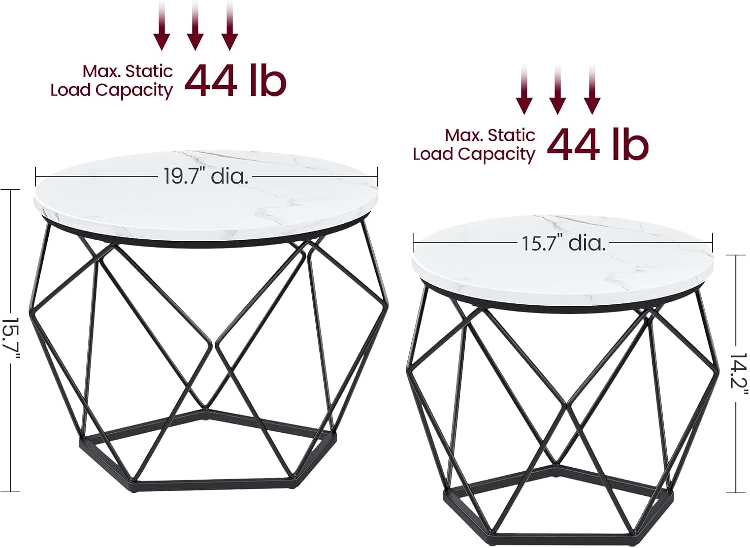 Round Nesting Coffee Table Set, Modern Marble Top Side Tables with Steel Frame, Small Space Living Room End Tables