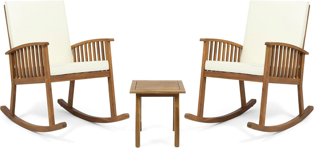 Acacia Wood Rocking Chair Set with Side Table, Outdoor Patio Rocker Chairs with Cushions for Garden, Porch & Balcony