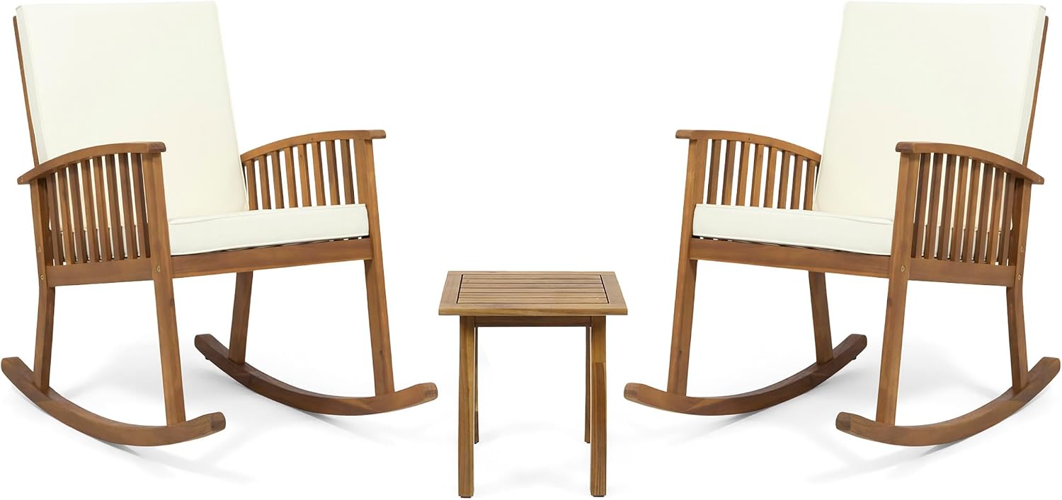 Acacia Wood Rocking Chair Set with Side Table, Outdoor Patio Rocker Chairs with Cushions for Garden, Porch & Balcony