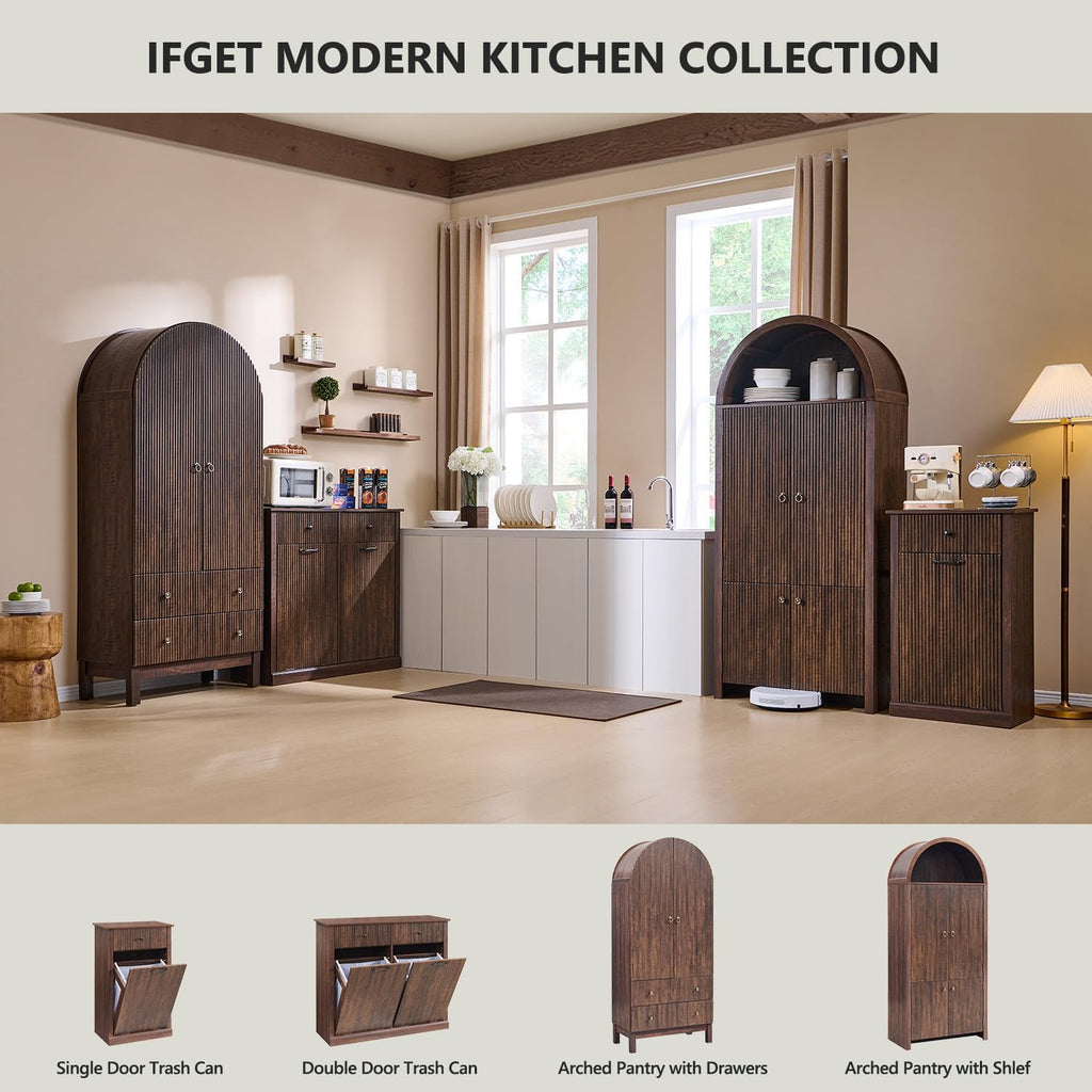 Tall Arched Kitchen Pantry Cabinet with Fluted Doors, Freestanding Storage Cabinet with Adjustable Shelves for Kitchen, Dining Room & Living Room