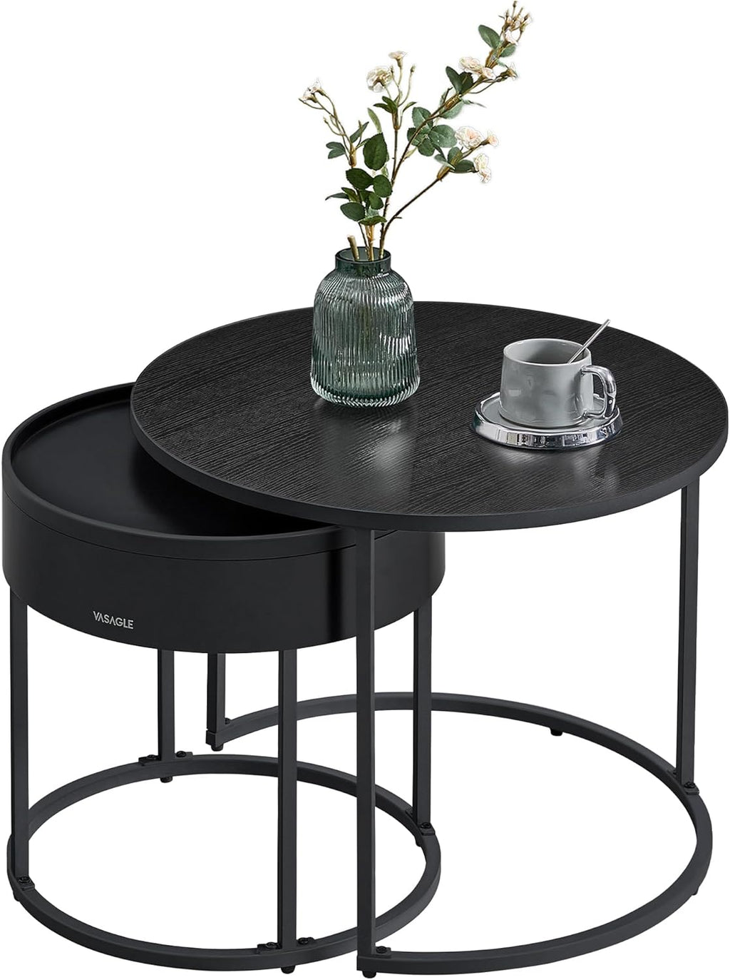 Round Nesting Coffee Tables Set, Space-Saving Side Tables with Storage, Modern Stackable Living Room End Tables with Steel Frame