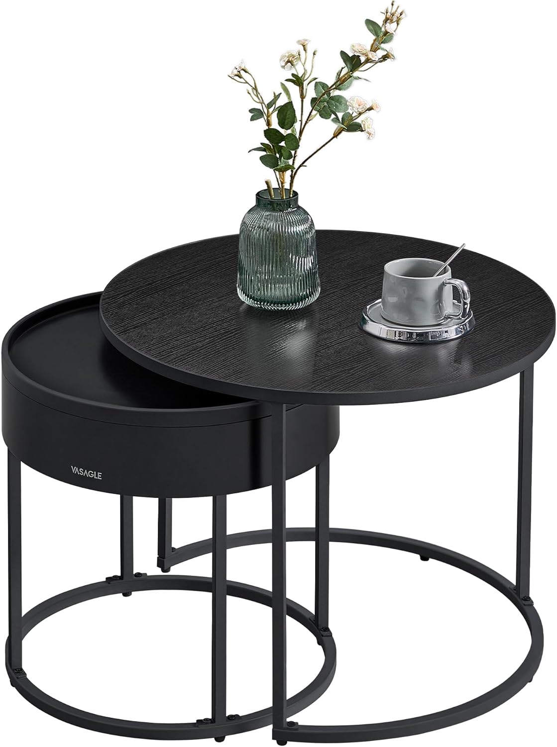 Round Nesting Coffee Tables Set, Space-Saving Side Tables with Storage, Modern Stackable Living Room End Tables with Steel Frame
