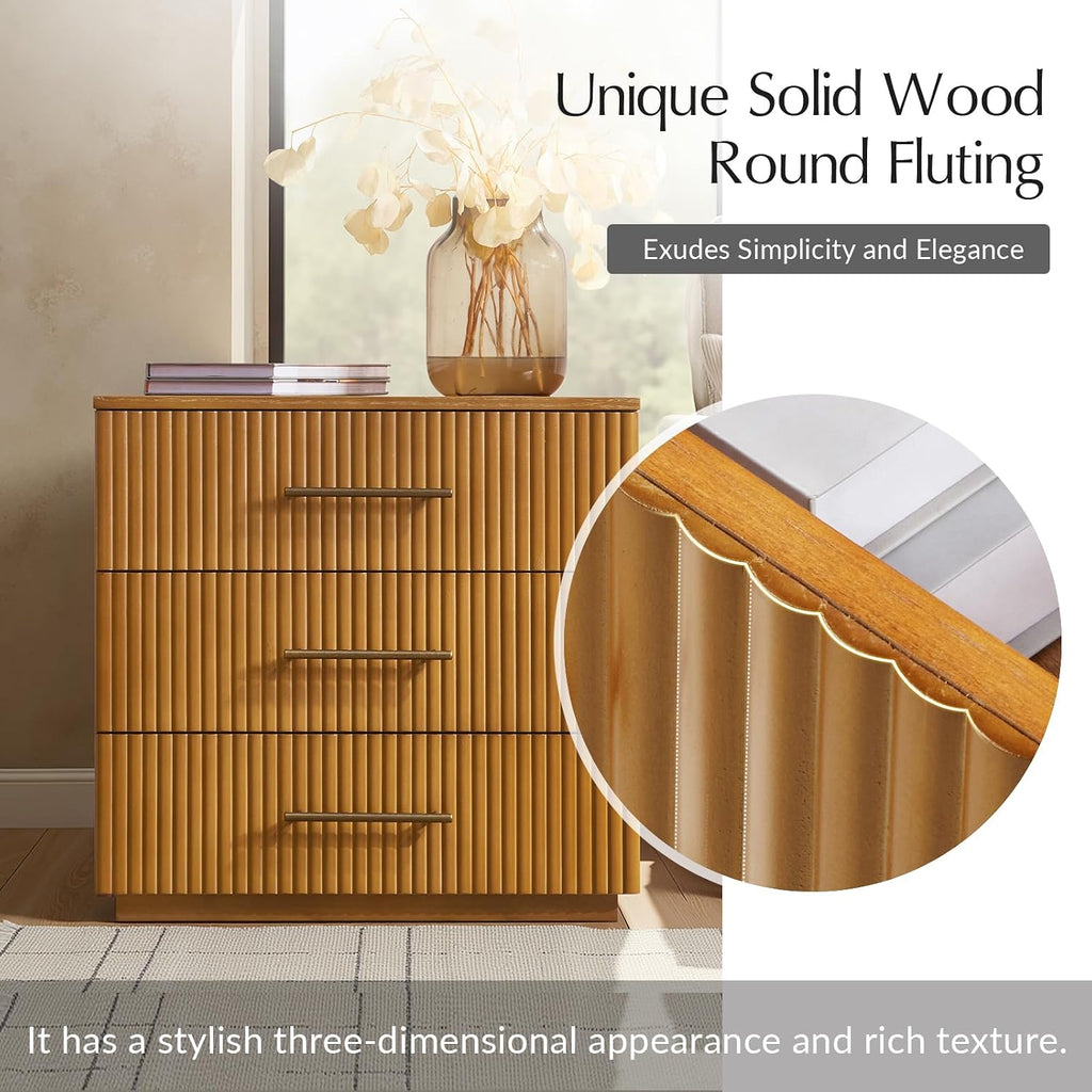 3-Drawer Nightstand with Charging Station, Fluted Wood Bedside Table with USB Ports for Bedroom & Living Room, Modern Storage End Table