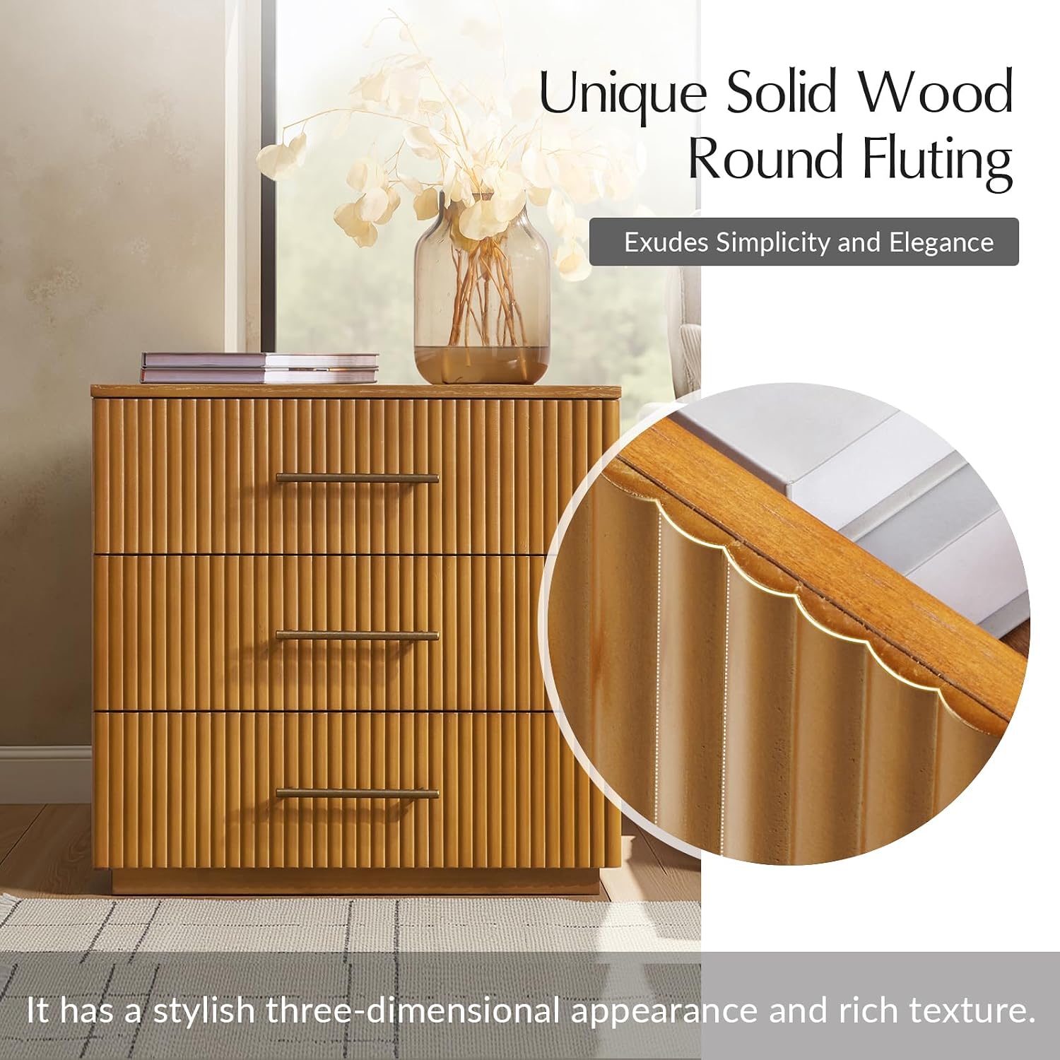 3-Drawer Nightstand with Charging Station, Fluted Wood Bedside Table with USB Ports for Bedroom & Living Room, Modern Storage End Table