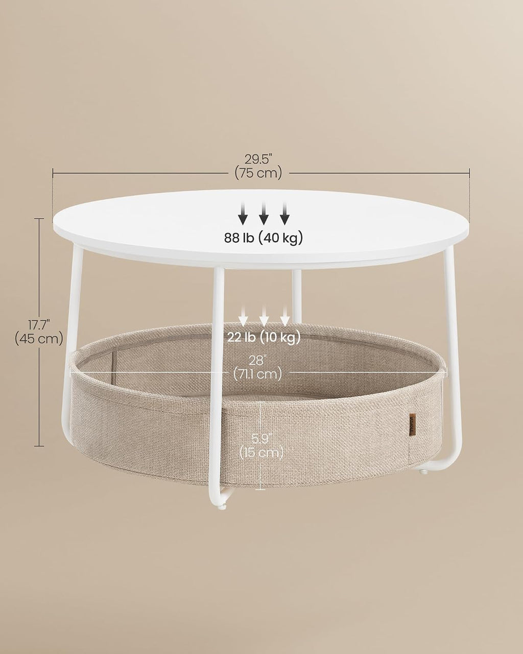 Round Coffee Table with Storage Basket, 29.5" Modern Fabric Storage Living Room Table, Minimalist Center Table with Steel Frame