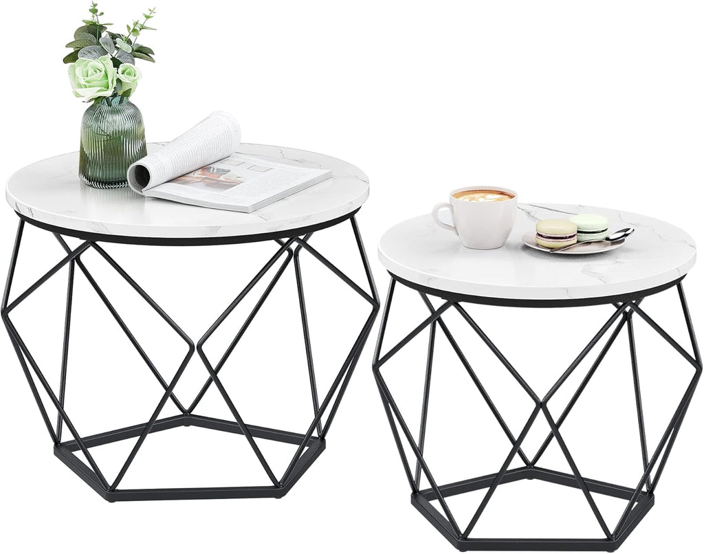Round Nesting Coffee Table Set, Modern Marble Top Side Tables with Steel Frame, Small Space Living Room End Tables