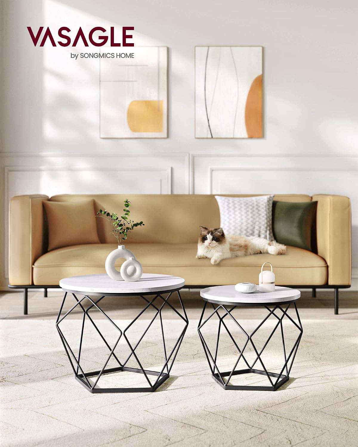 Round Nesting Coffee Table Set, Modern Marble Top Side Tables with Steel Frame, Small Space Living Room End Tables