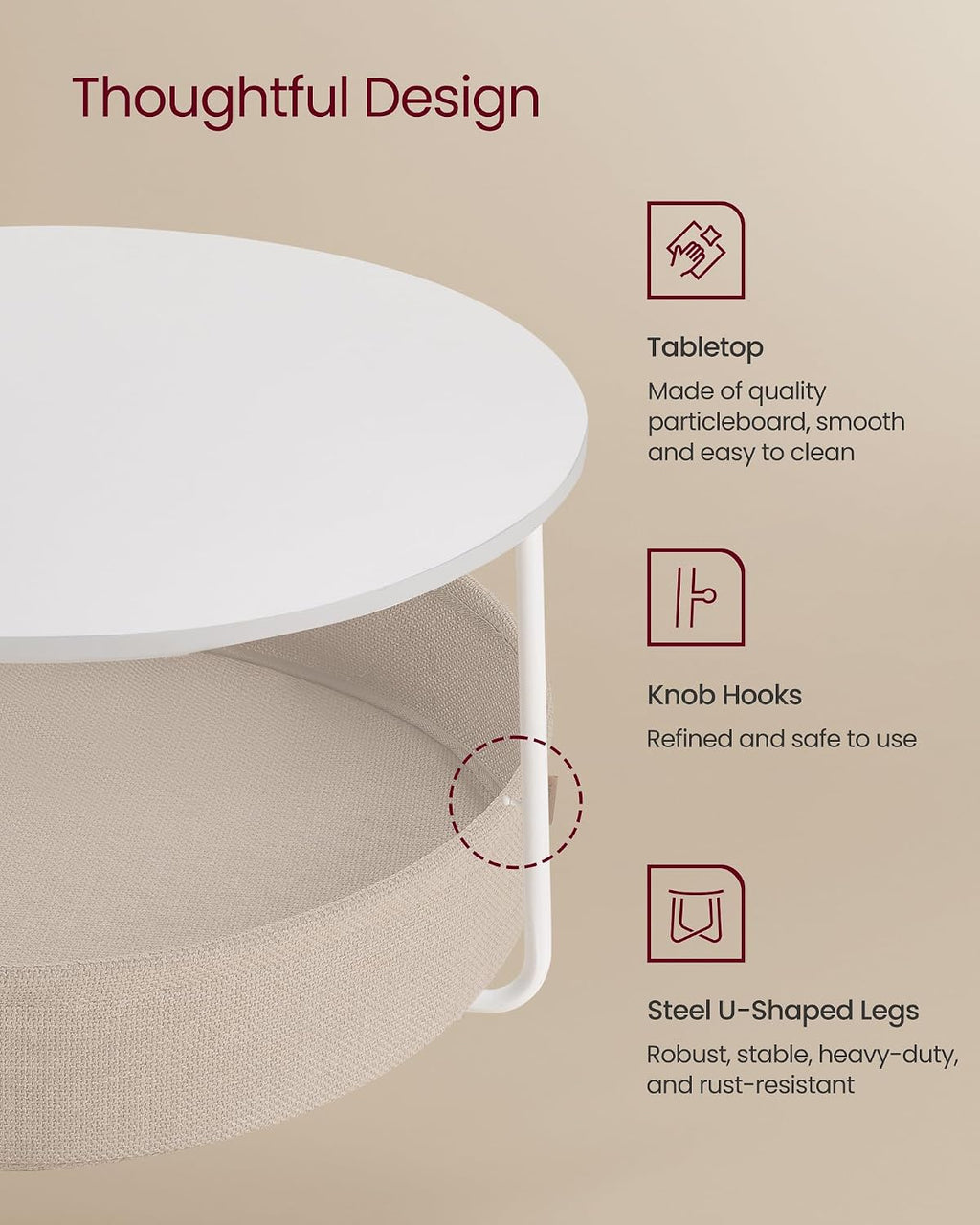 Round Coffee Table with Storage Basket, 29.5" Modern Fabric Storage Living Room Table, Minimalist Center Table with Steel Frame