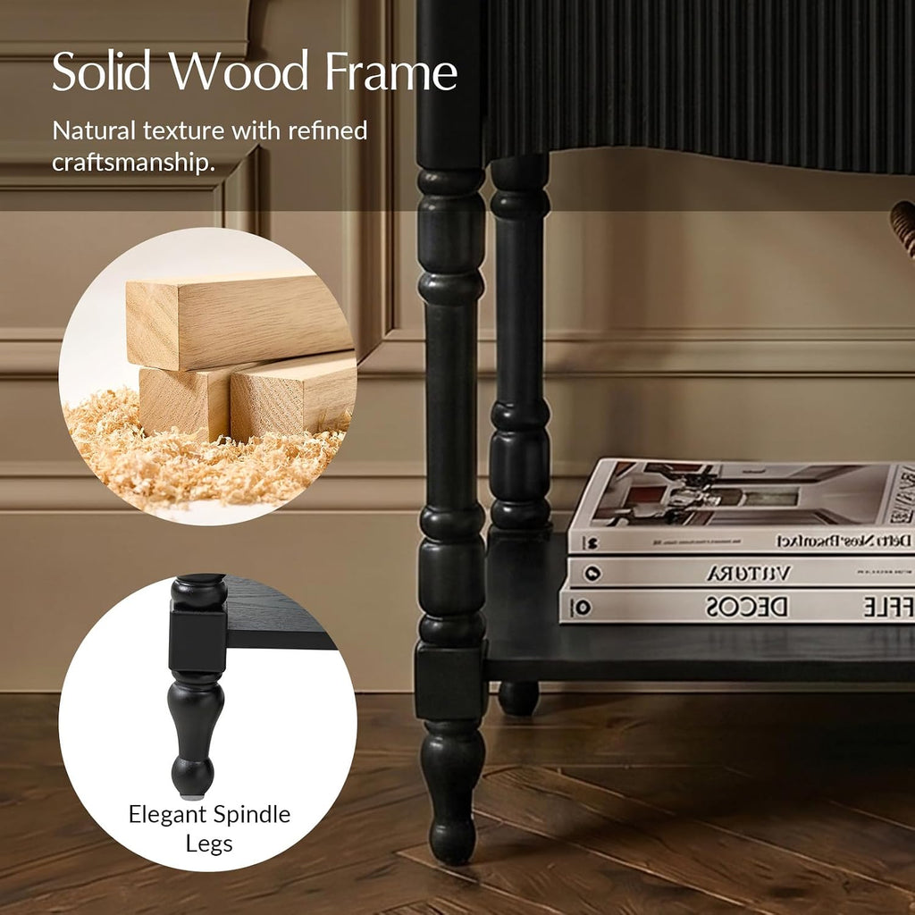 Nightstand with Charging Station, 3-Tier End Table with USB-C & AC Outlet, Fluted Wood Bedside Table with Drawer Storage for Bedroom & Living Room