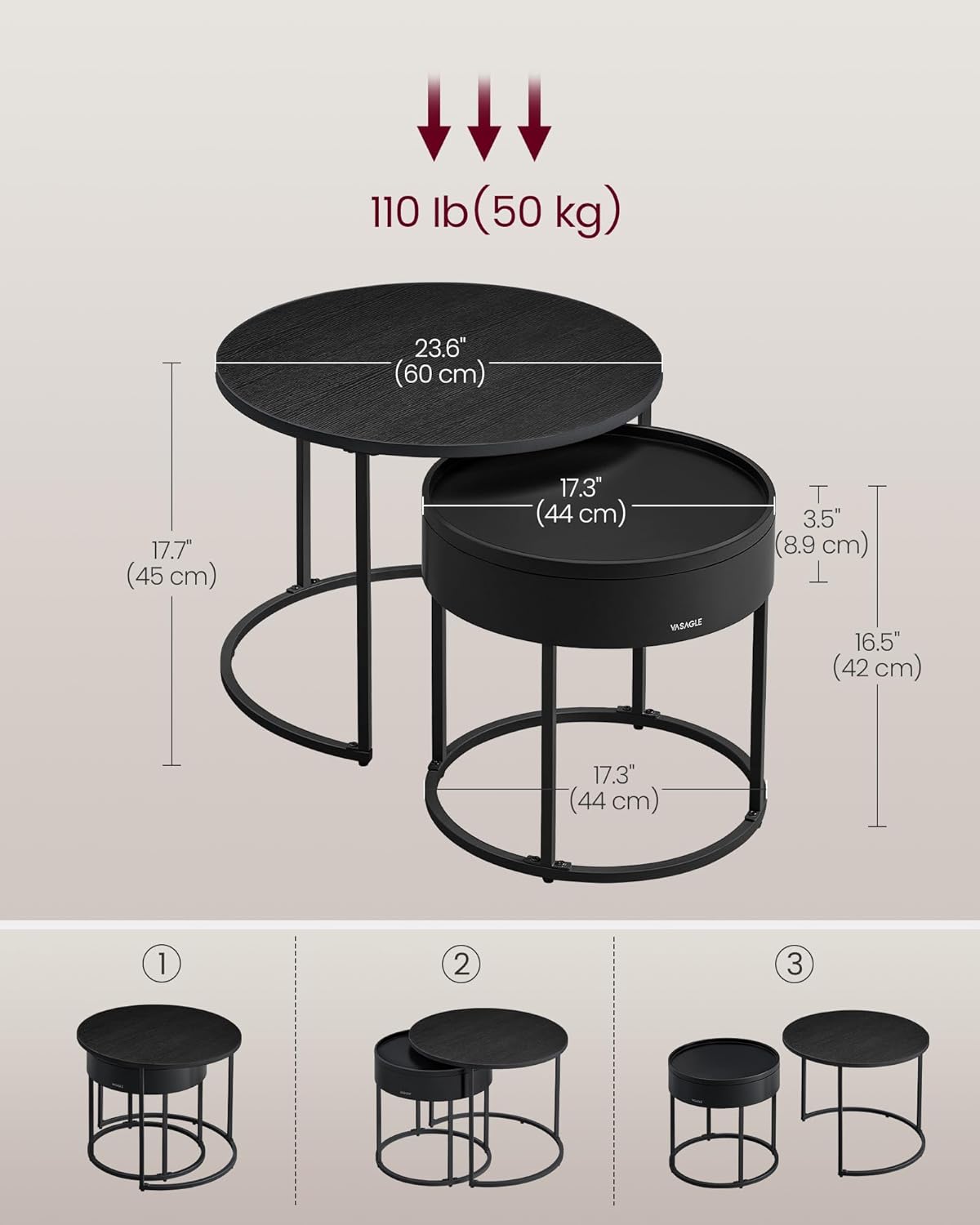 Round Nesting Coffee Tables Set, Space-Saving Side Tables with Storage, Modern Stackable Living Room End Tables with Steel Frame
