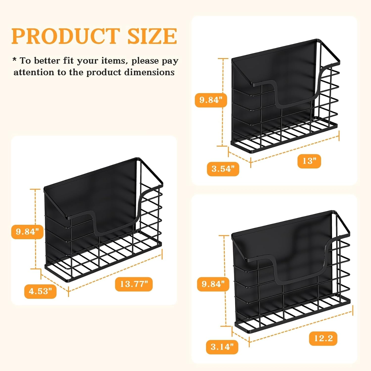 3-Pack Magnetic Storage Baskets Set, Wall Mount Fridge Organizer Bins for Kitchen, Laundry & Office, No-Drill Metal Organizer Rack with Strong Hold