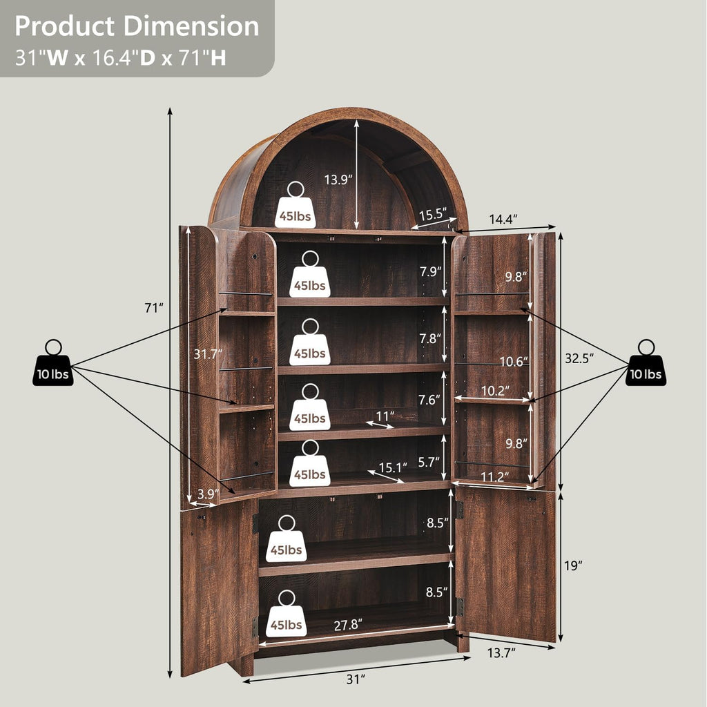 Tall Arched Kitchen Pantry Cabinet with Fluted Doors, Freestanding Storage Cabinet with Adjustable Shelves for Kitchen, Dining Room & Living Room