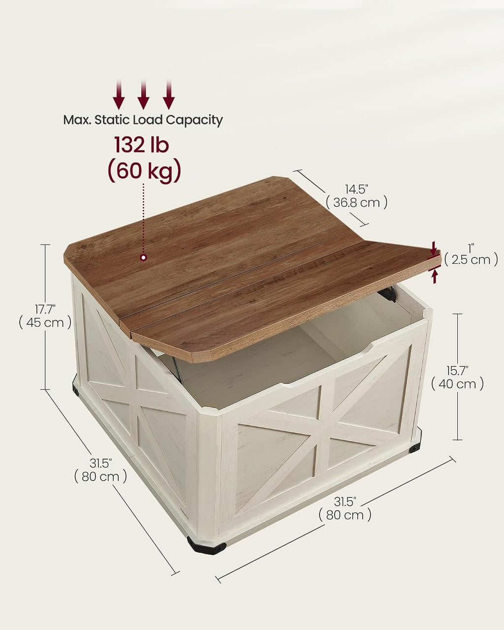 Square Lift-Top Coffee Table with Storage, 31.5" Farmhouse Living Room Table with Hidden Compartment & Flip-Top Lids