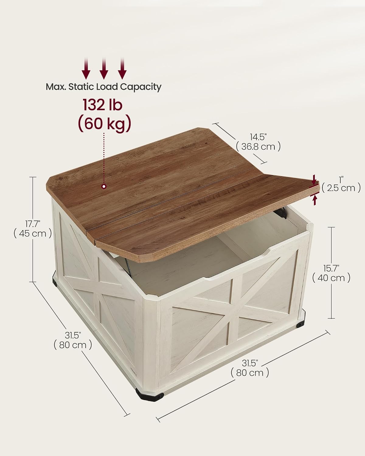 Square Lift-Top Coffee Table with Storage, 31.5" Farmhouse Living Room Table with Hidden Compartment & Flip-Top Lids