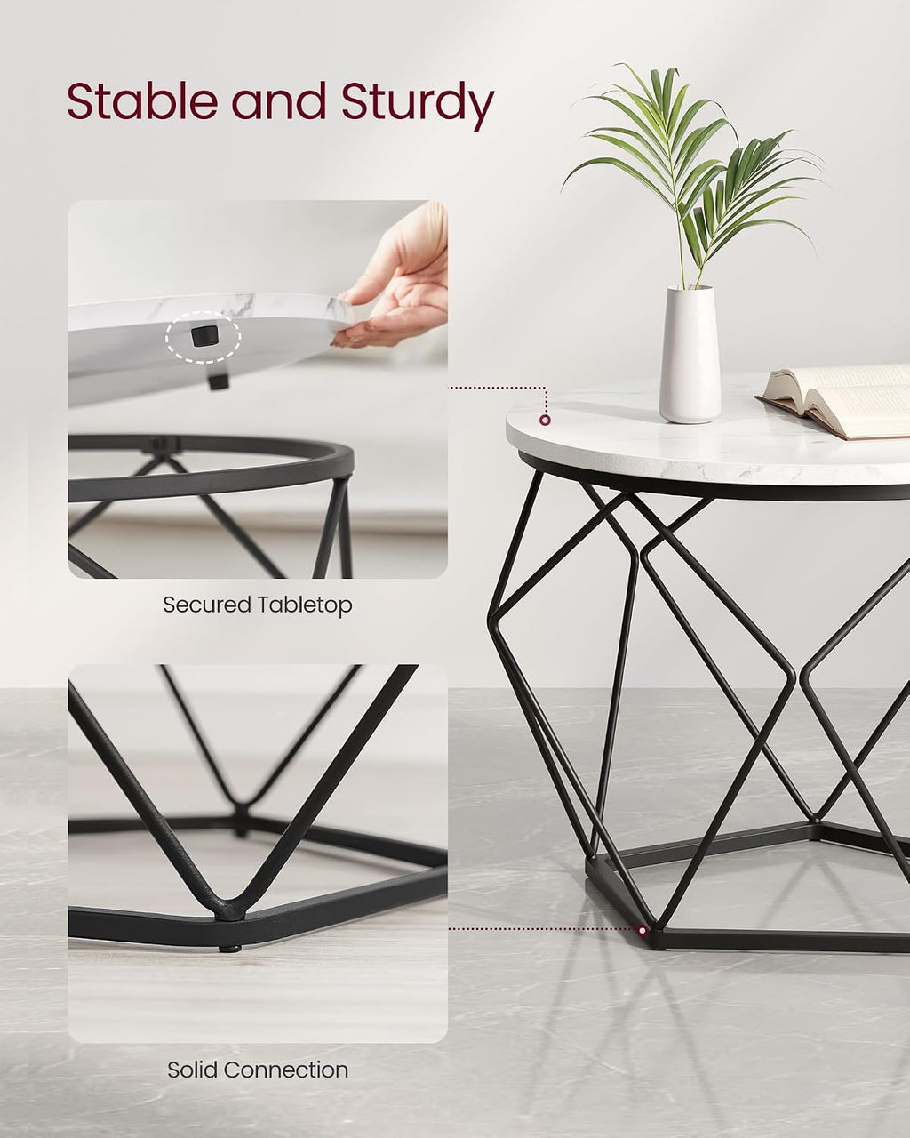 Round Nesting Coffee Table Set, Modern Marble Top Side Tables with Steel Frame, Small Space Living Room End Tables