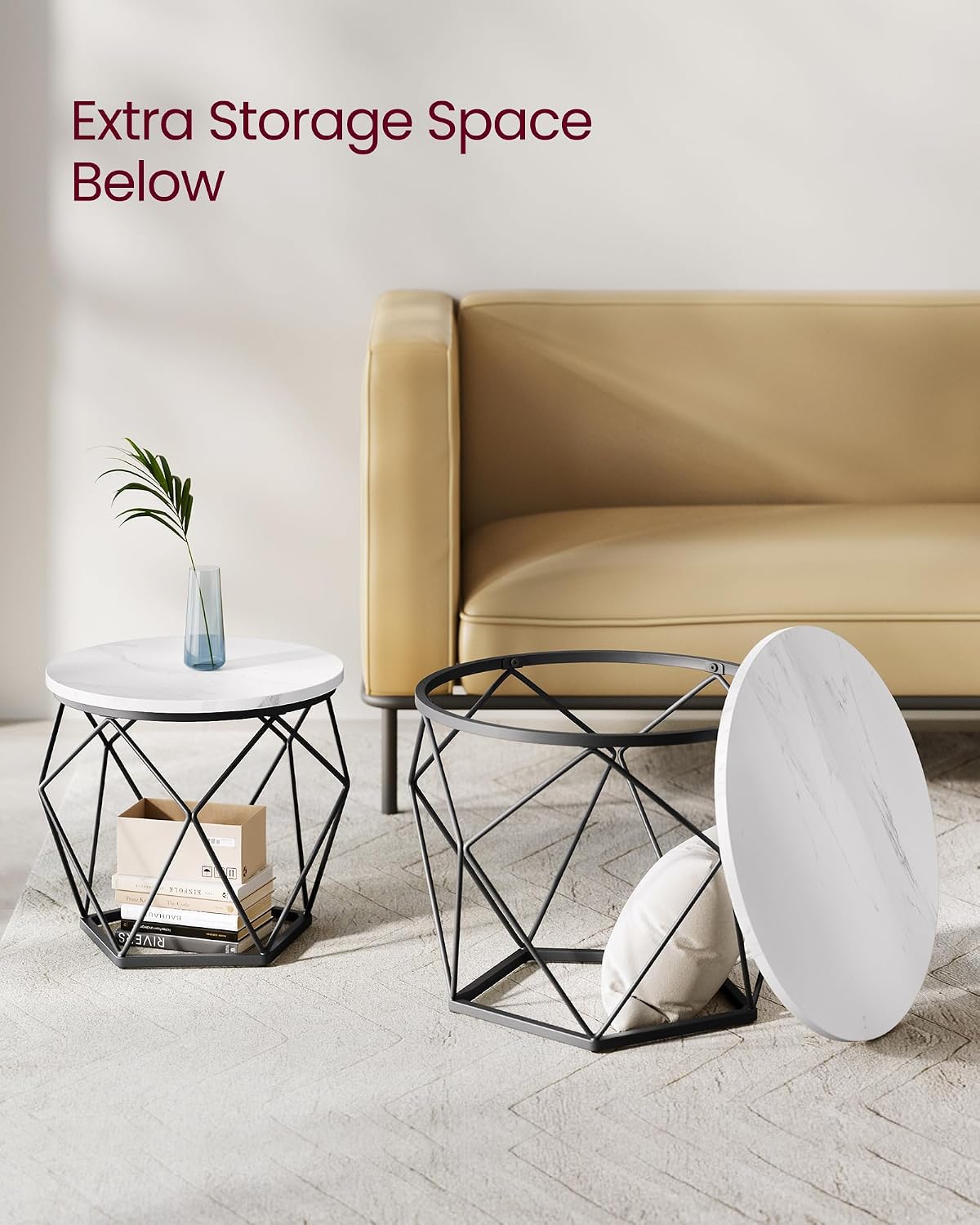 Round Nesting Coffee Table Set, Modern Marble Top Side Tables with Steel Frame, Small Space Living Room End Tables