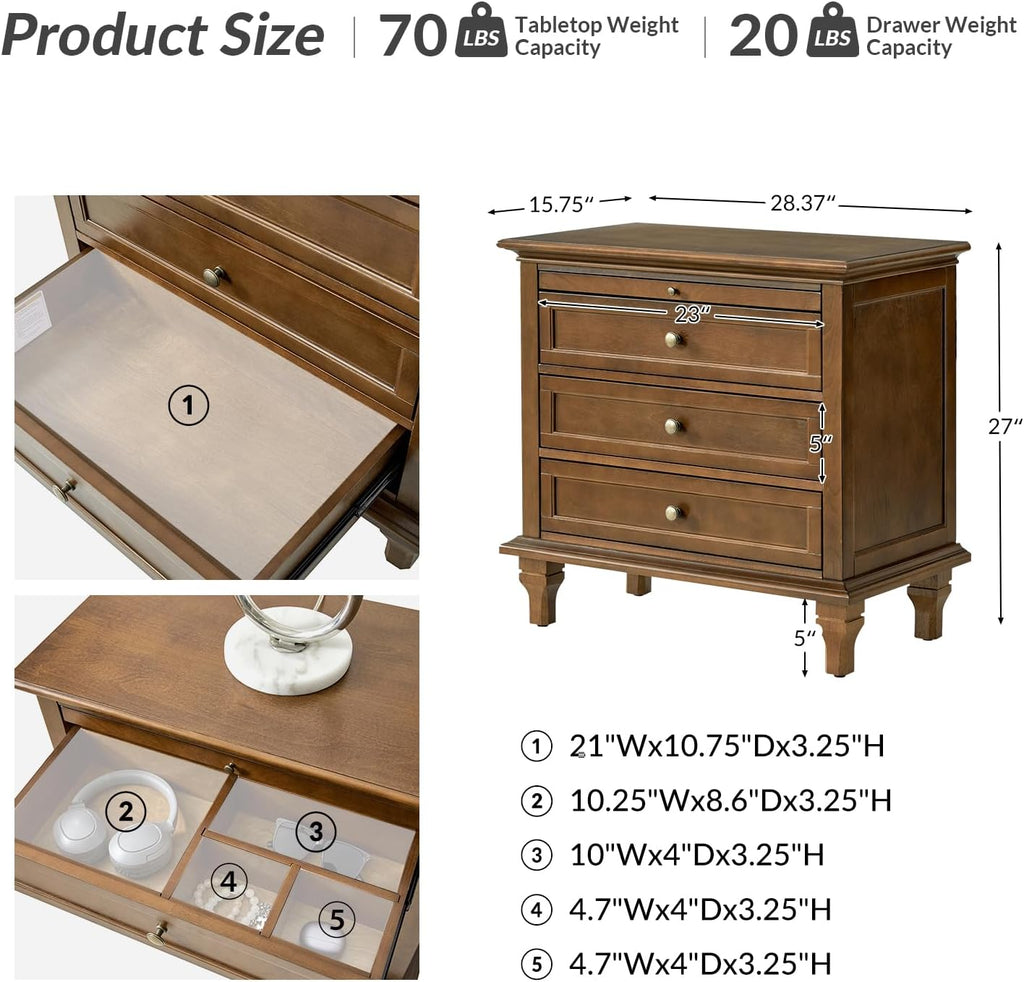 Farmhouse End Table with Charging Station & 3 Drawers, Wooden Nightstand with Slide-Out Tray for Bedroom & Living Room