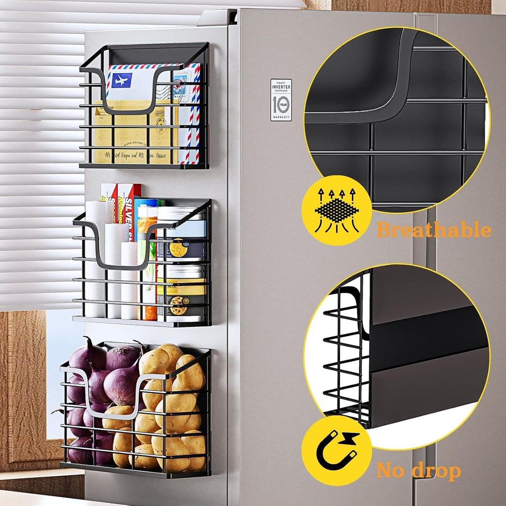 3-Pack Magnetic Storage Baskets Set, Wall Mount Fridge Organizer Bins for Kitchen, Laundry & Office, No-Drill Metal Organizer Rack with Strong Hold