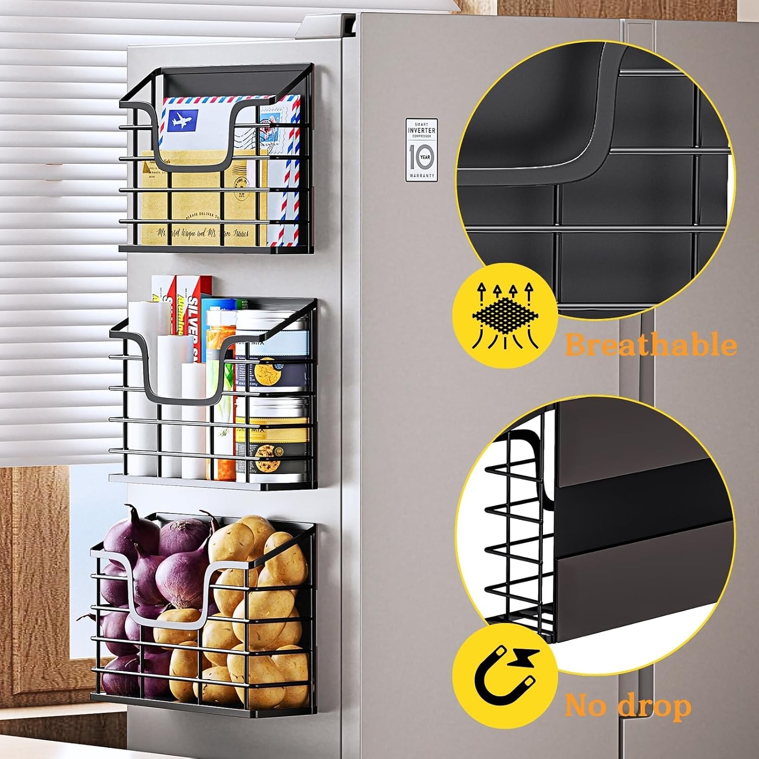 3-Pack Magnetic Storage Baskets Set, Wall Mount Fridge Organizer Bins for Kitchen, Laundry & Office, No-Drill Metal Organizer Rack with Strong Hold