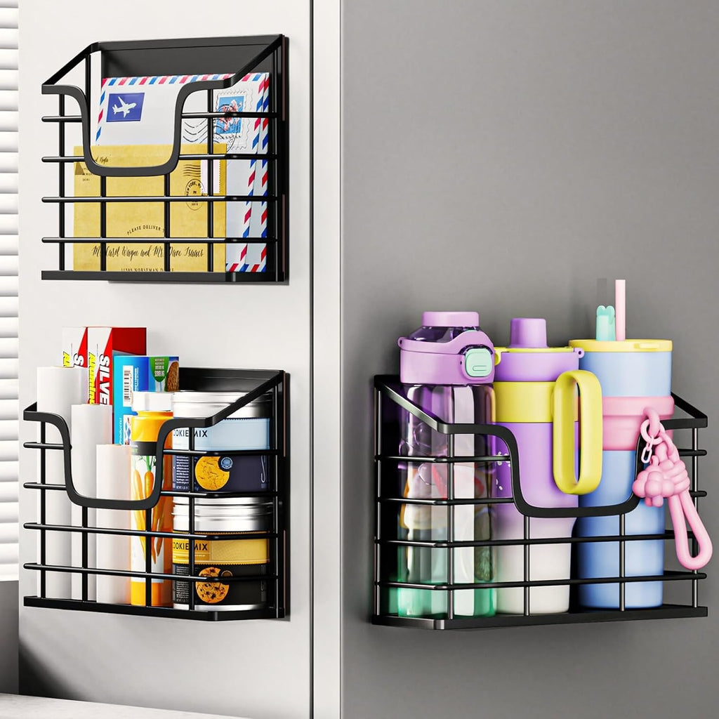 3-Pack Magnetic Storage Baskets Set, Wall Mount Fridge Organizer Bins for Kitchen, Laundry & Office, No-Drill Metal Organizer Rack with Strong Hold