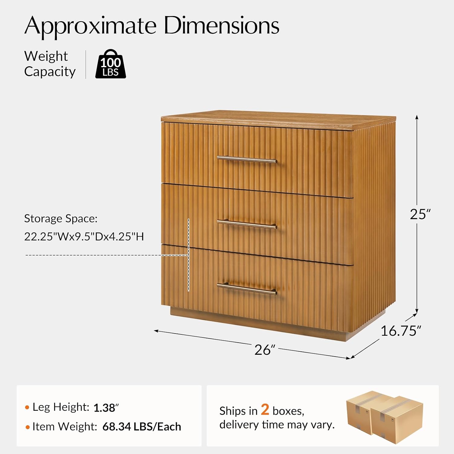 3-Drawer Nightstand with Charging Station, Fluted Wood Bedside Table with USB Ports for Bedroom & Living Room, Modern Storage End Table