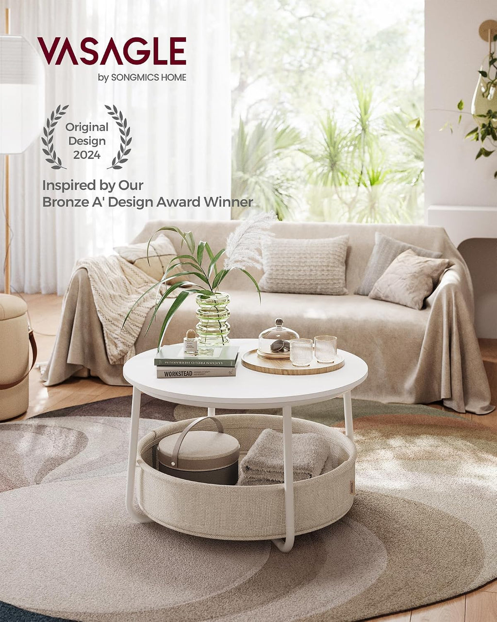 Round Coffee Table with Storage Basket, 29.5" Modern Fabric Storage Living Room Table, Minimalist Center Table with Steel Frame
