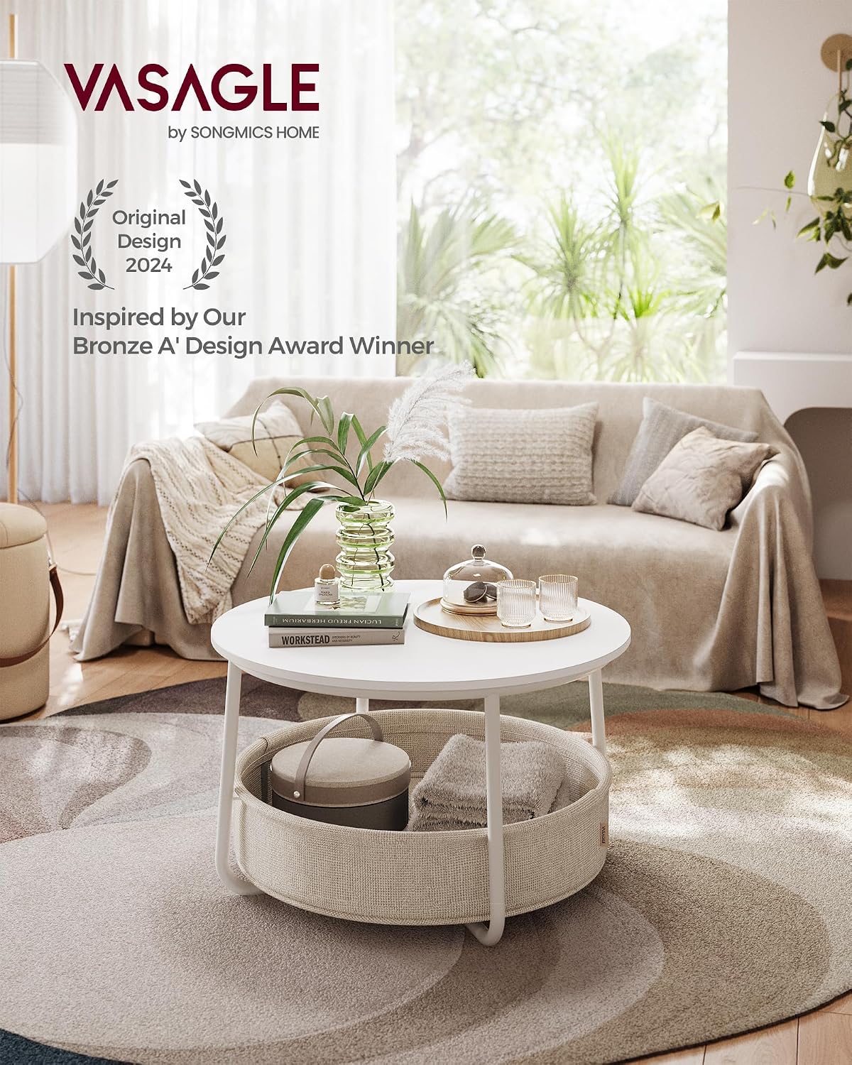 Round Coffee Table with Storage Basket, 29.5" Modern Fabric Storage Living Room Table, Minimalist Center Table with Steel Frame