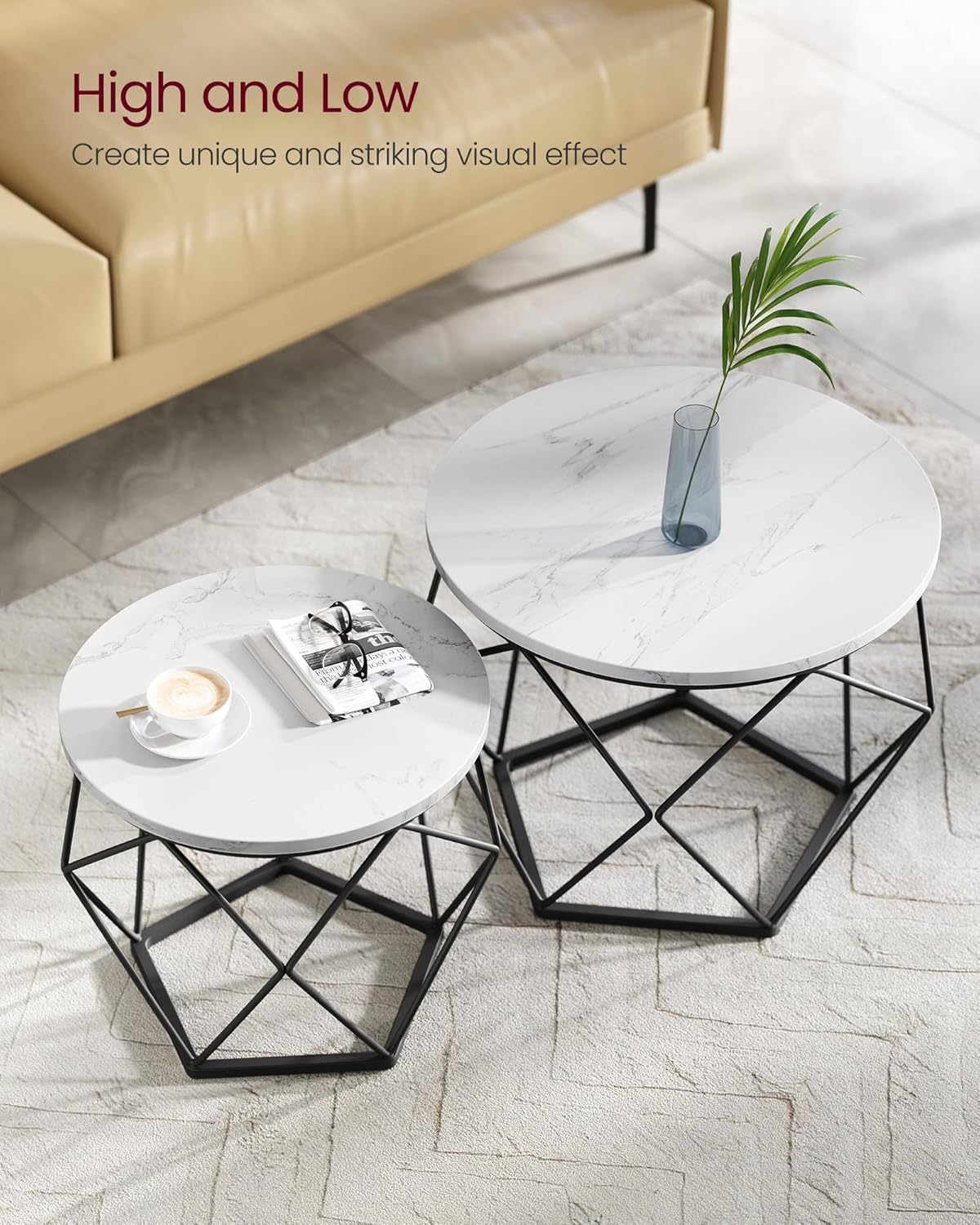 Round Nesting Coffee Table Set, Modern Marble Top Side Tables with Steel Frame, Small Space Living Room End Tables