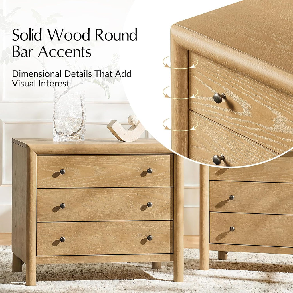 Nightstand with Charging Station, 3-Drawer Bedside Table with USB-C & AC Outlets, Solid Wood Frame End Table for Bedroom & Living Room, No Assembly