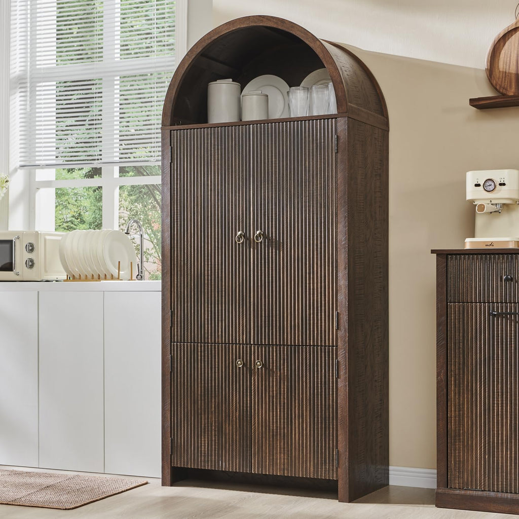 Tall Arched Kitchen Pantry Cabinet with Fluted Doors, Freestanding Storage Cabinet with Adjustable Shelves for Kitchen, Dining Room & Living Room