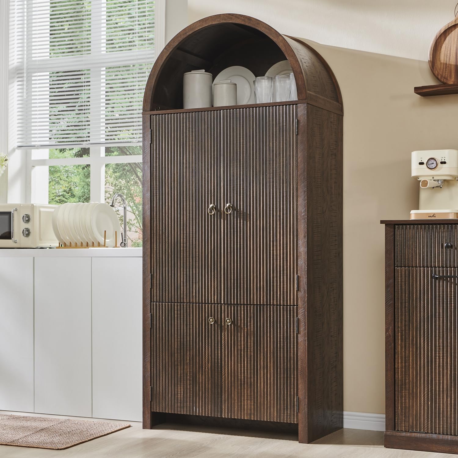 Tall Arched Kitchen Pantry Cabinet with Fluted Doors, Freestanding Storage Cabinet with Adjustable Shelves for Kitchen, Dining Room & Living Room