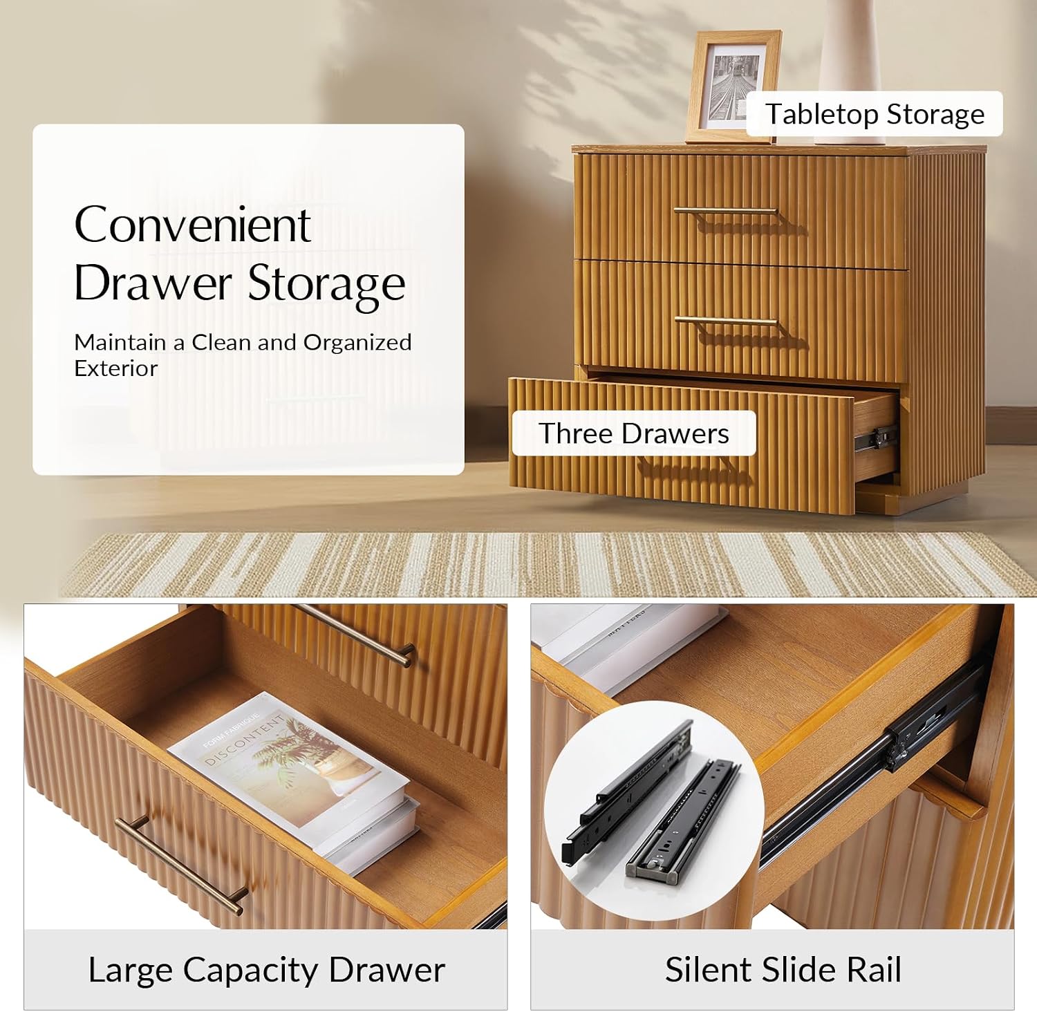 3-Drawer Nightstand with Charging Station, Fluted Wood Bedside Table with USB Ports for Bedroom & Living Room, Modern Storage End Table