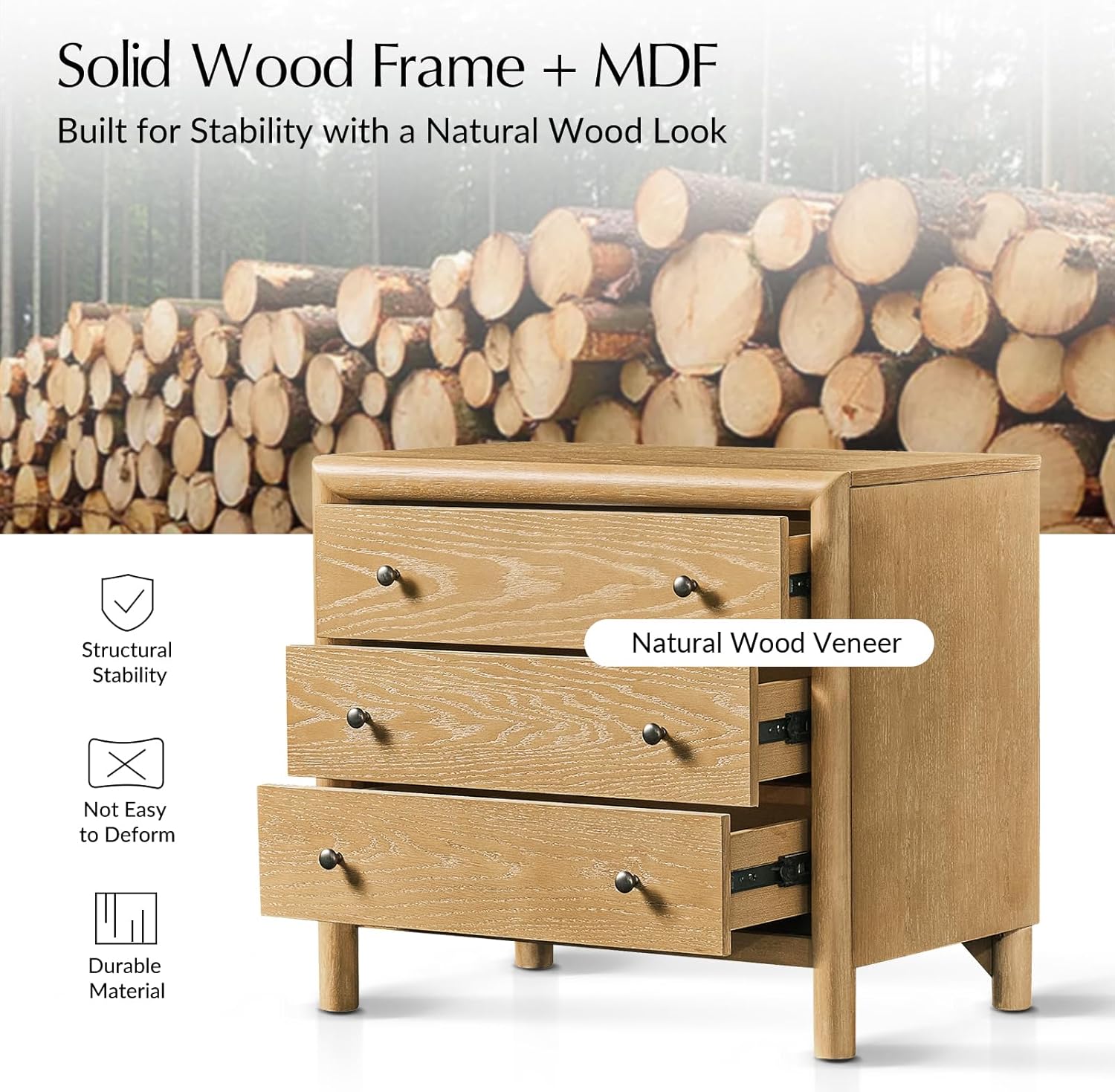 Nightstand with Charging Station, 3-Drawer Bedside Table with USB-C & AC Outlets, Solid Wood Frame End Table for Bedroom & Living Room, No Assembly