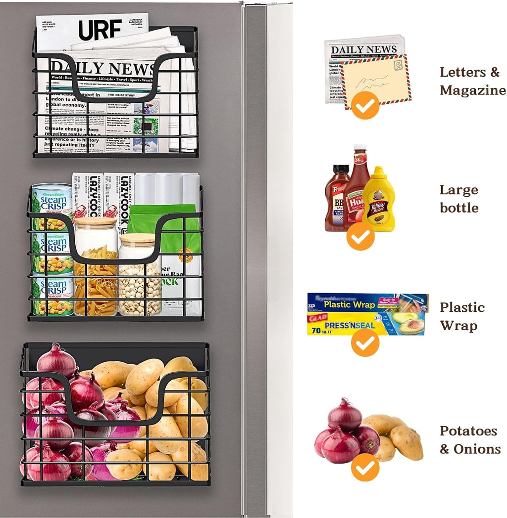 3-Pack Magnetic Storage Baskets Set, Wall Mount Fridge Organizer Bins for Kitchen, Laundry & Office, No-Drill Metal Organizer Rack with Strong Hold