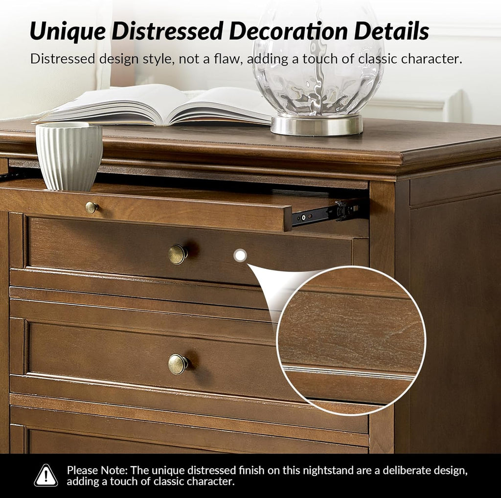 Farmhouse End Table with Charging Station & 3 Drawers, Wooden Nightstand with Slide-Out Tray for Bedroom & Living Room