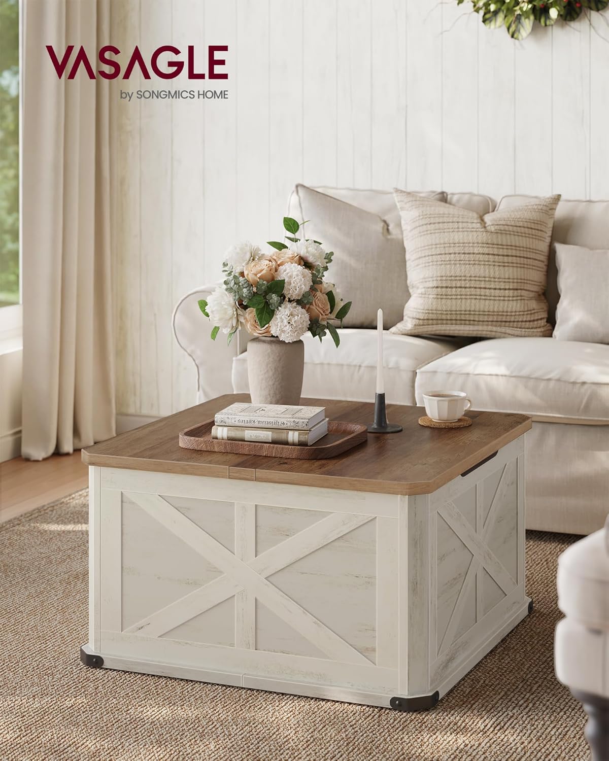 Square Lift-Top Coffee Table with Storage, 31.5" Farmhouse Living Room Table with Hidden Compartment & Flip-Top Lids