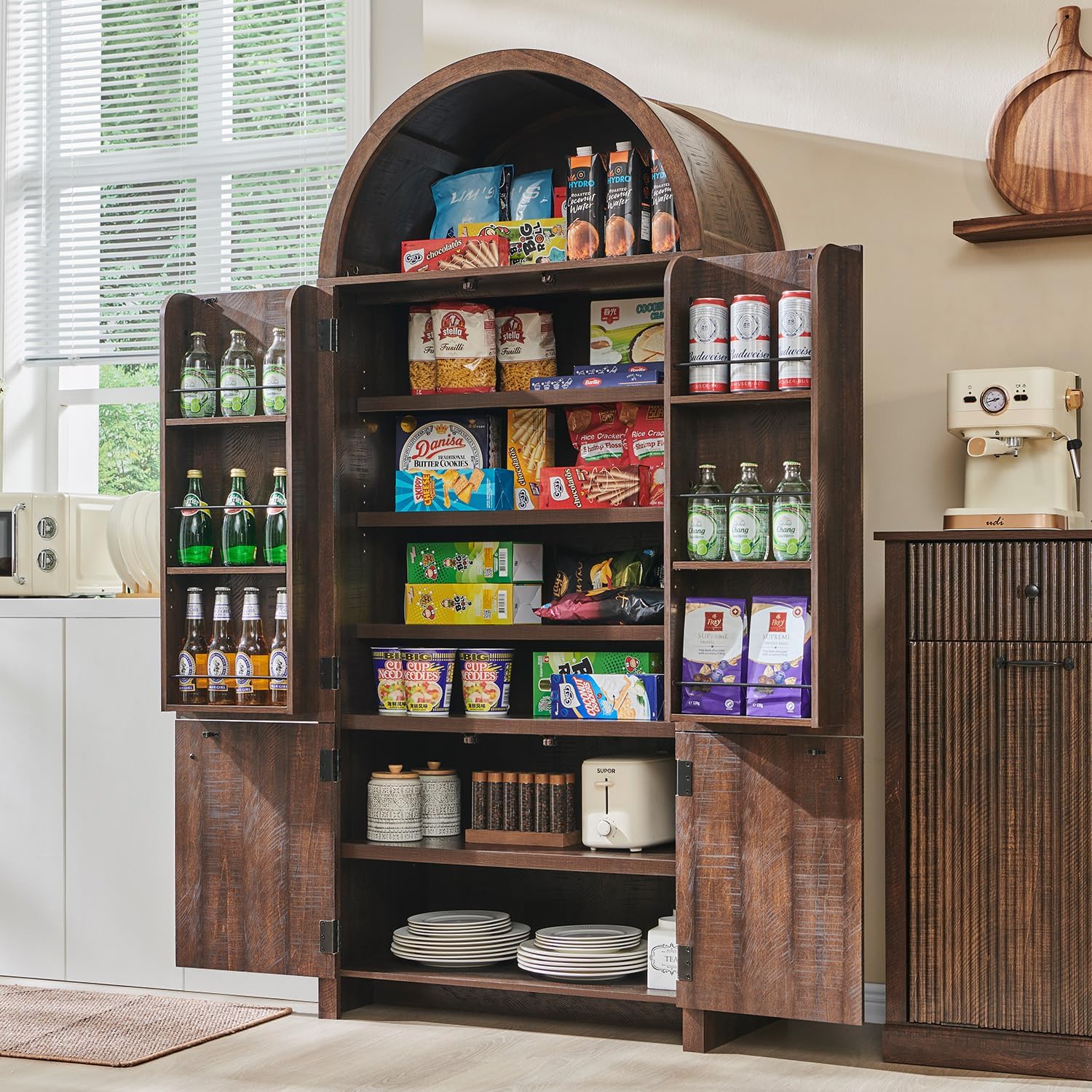 Tall Arched Kitchen Pantry Cabinet with Fluted Doors, Freestanding Storage Cabinet with Adjustable Shelves for Kitchen, Dining Room & Living Room