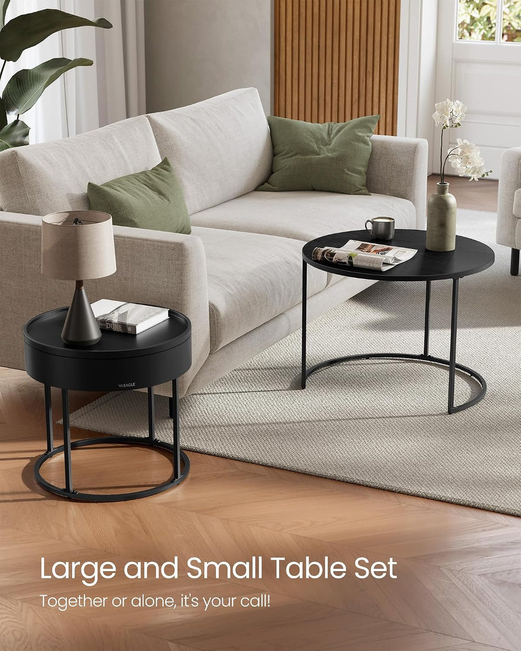 Round Nesting Coffee Tables Set, Space-Saving Side Tables with Storage, Modern Stackable Living Room End Tables with Steel Frame
