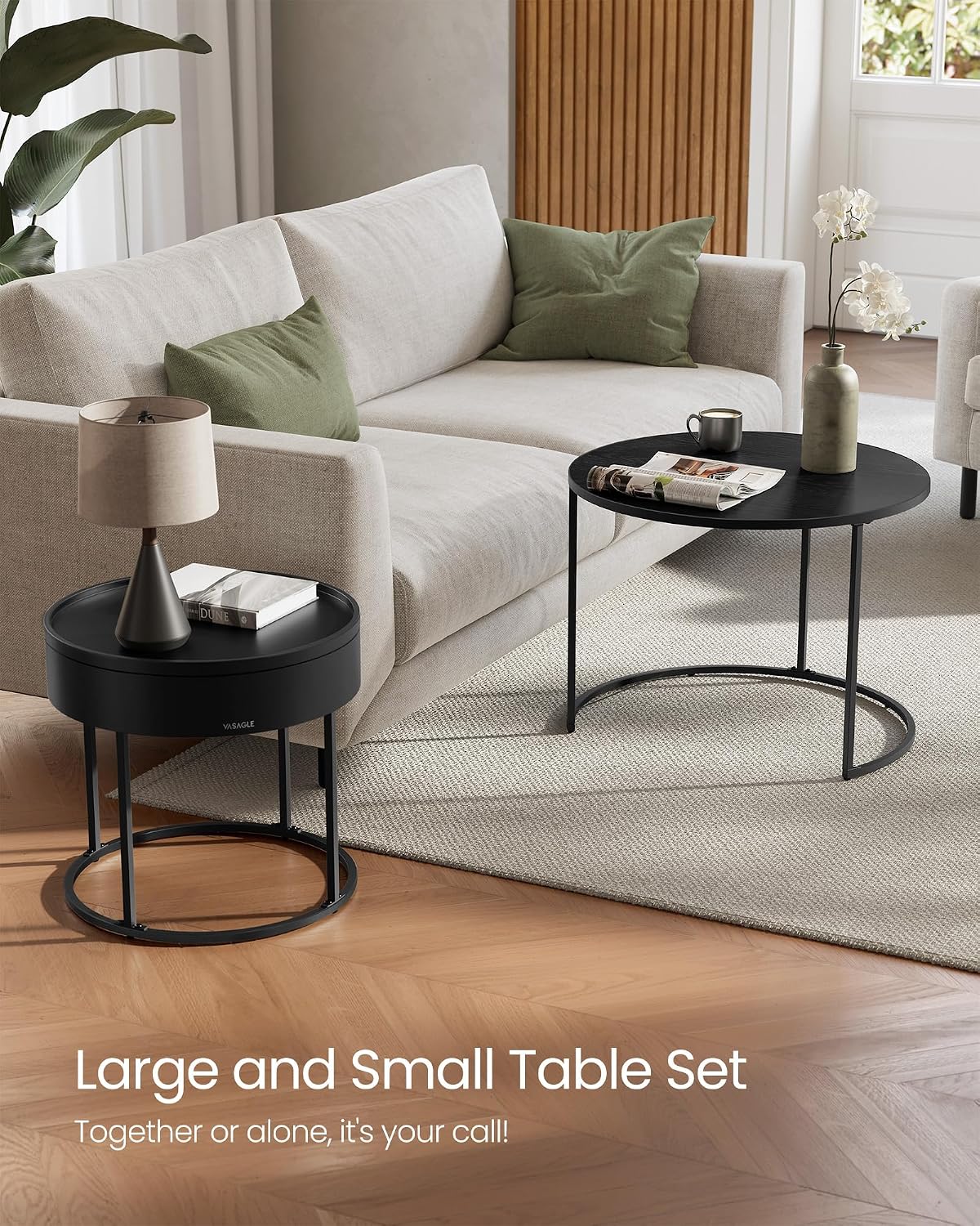 Round Nesting Coffee Tables Set, Space-Saving Side Tables with Storage, Modern Stackable Living Room End Tables with Steel Frame