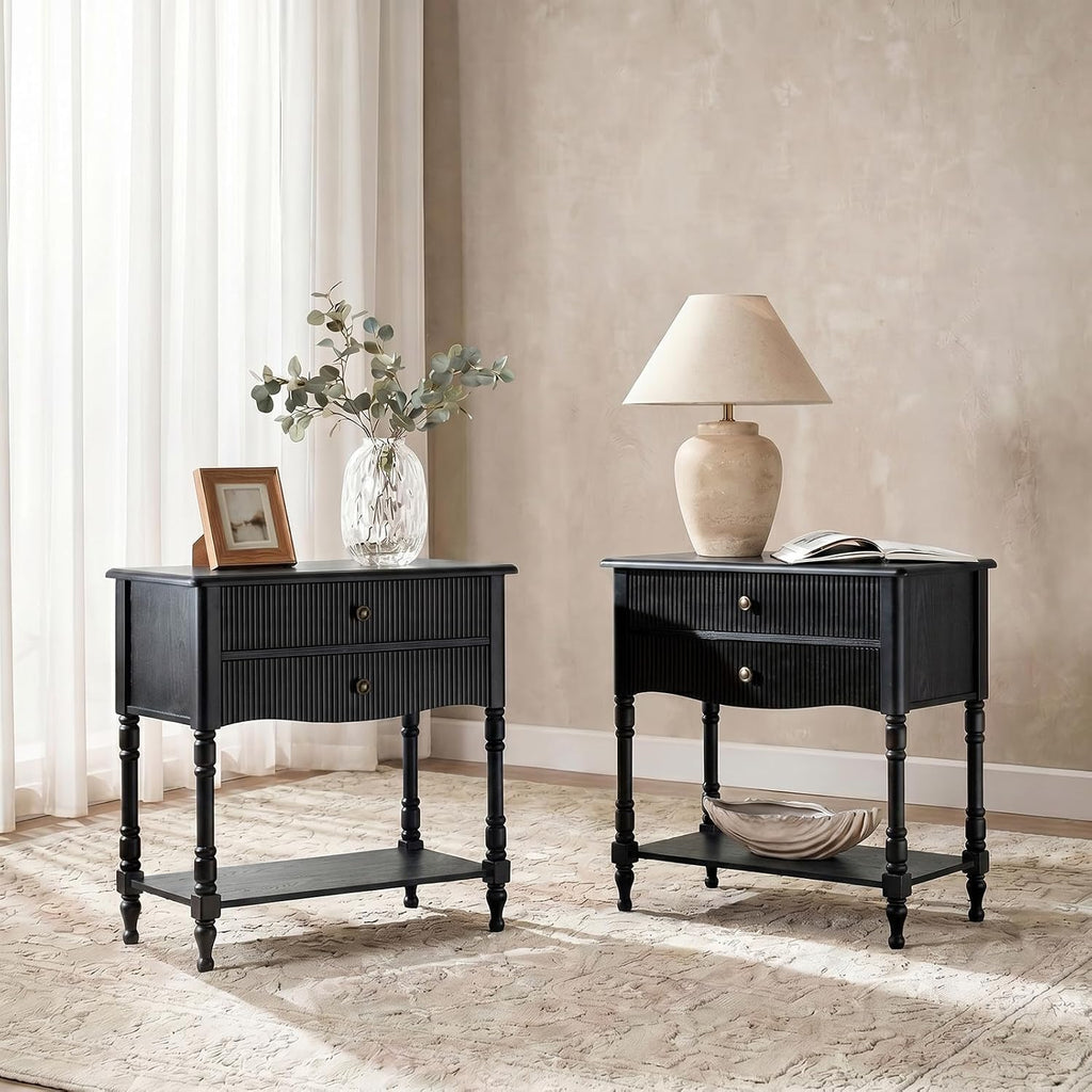 Nightstand with Charging Station, 3-Tier End Table with USB-C & AC Outlet, Fluted Wood Bedside Table with Drawer Storage for Bedroom & Living Room