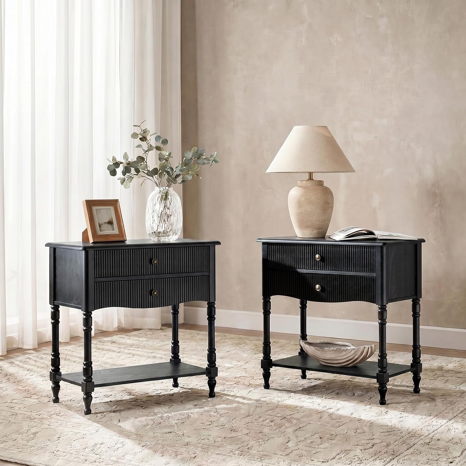 Nightstand with Charging Station, 3-Tier End Table with USB-C & AC Outlet, Fluted Wood Bedside Table with Drawer Storage for Bedroom & Living Room