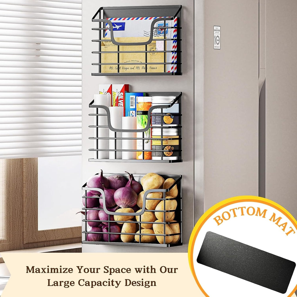 3-Pack Magnetic Storage Baskets Set, Wall Mount Fridge Organizer Bins for Kitchen, Laundry & Office, No-Drill Metal Organizer Rack with Strong Hold