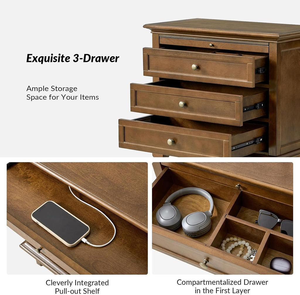 Farmhouse End Table with Charging Station & 3 Drawers, Wooden Nightstand with Slide-Out Tray for Bedroom & Living Room