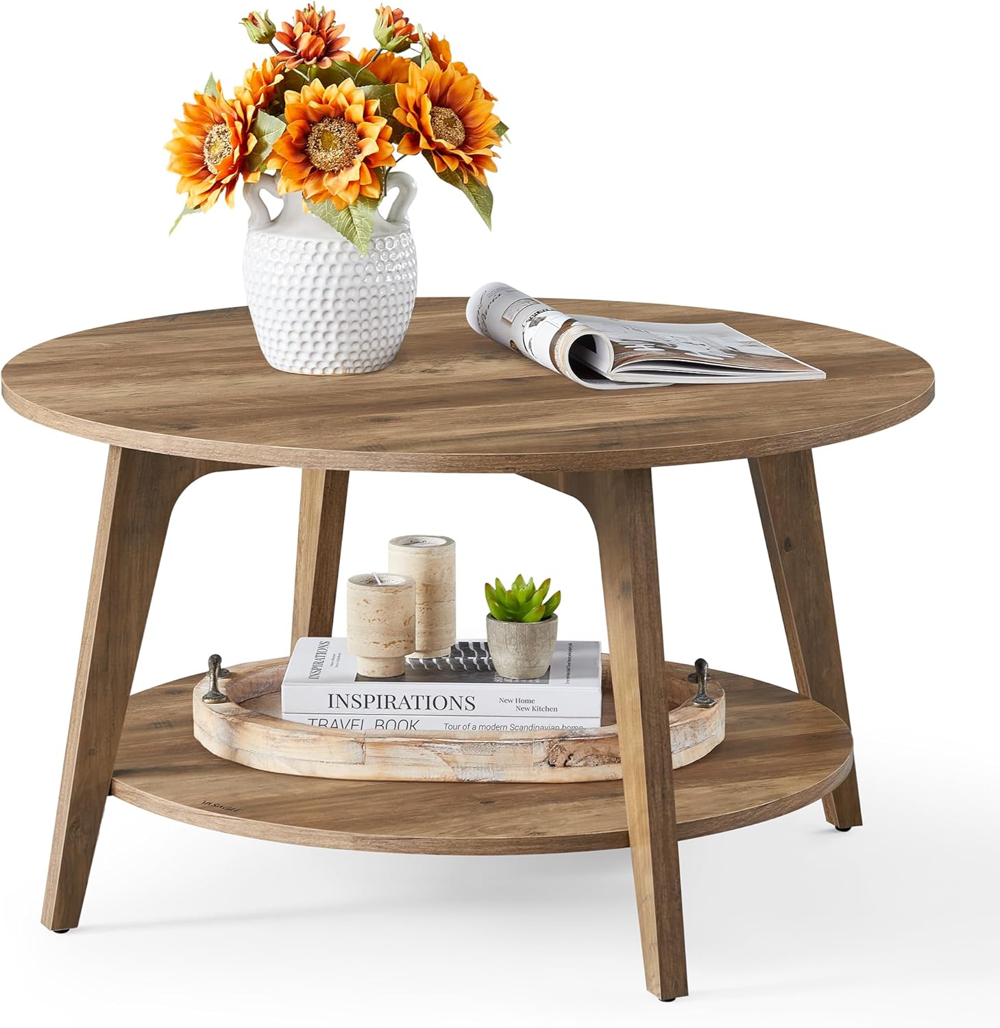 Mid-Century Modern 2-Tier Round Coffee Table, 31.5" Living Room Center Table with Storage Shelf, Easy Assembly Sofa Table