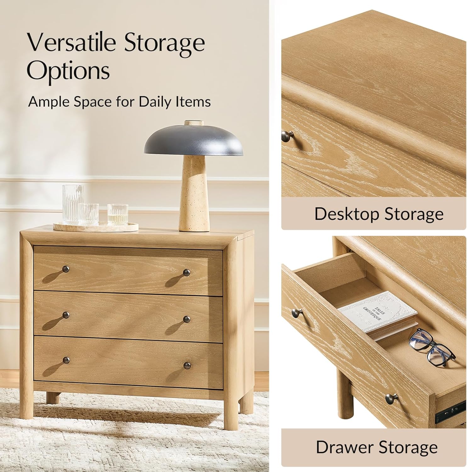 Nightstand with Charging Station, 3-Drawer Bedside Table with USB-C & AC Outlets, Solid Wood Frame End Table for Bedroom & Living Room, No Assembly