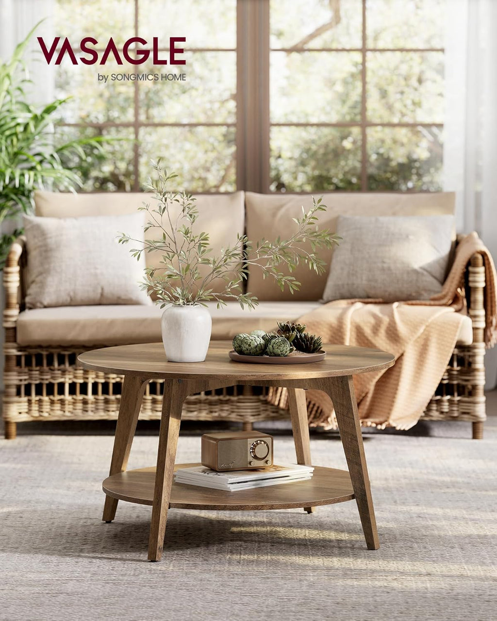 Mid-Century Modern 2-Tier Round Coffee Table, 31.5" Living Room Center Table with Storage Shelf, Easy Assembly Sofa Table